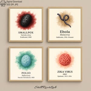 May include: Four framed art prints showcasing watercolour illustrations of viruses: Smallpox, Ebola, Polio, and Zika Virus. Each print includes the virus name, scientific name, and key information. The prints are in neutral-toned frames.