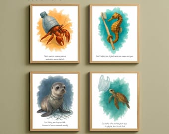 Marine Life Art Prints: Ocean Conservation Awareness (Set of 4) - Digital Download