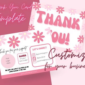 Dankeschön Karte Canva Template, Farben anpassen, Logo, Social Media, Website, DIY Geschäft, Handgemacht, Blumen, Pink, 70s, Hippy