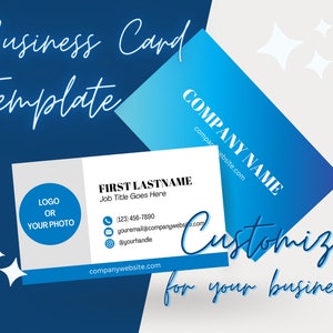 May include: A blue and white business card template with the text "COMPANY NAME" and "Customize for your business". The card also includes a placeholder for a logo or photo, contact information, and the company website.