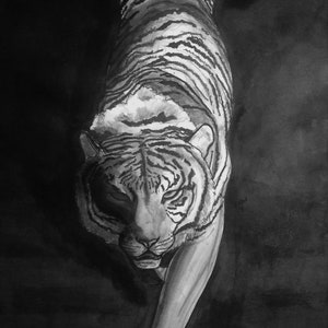 Tiger ink painting print, black and white tiger print, ink painting of tiger emerging, sumi-e ink tiger painting