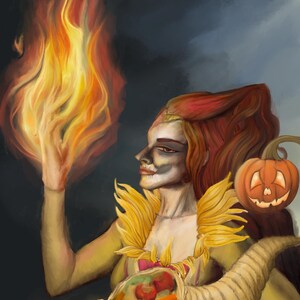 May include: A woman with red hair and a painted-on skull face holds a flame in one hand and a cornucopia filled with fall harvest vegetables in the other. A jack-o-lantern sits on her shoulder.