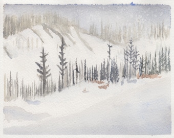 Origineel aquarellandschap, winterlandschap, landschapsschilderkunst, aquarel winter, kerstlandschap, magische winter