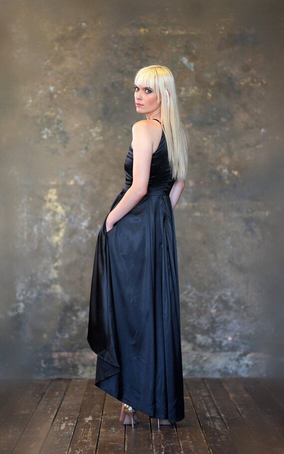 one-of-a-kind designer dress Handmade bridesmaids one-of-a-kind unique designer Black gown of silk satin for special occasions - parties, weddings proms