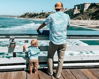 Men's Japanese Wave Aloha Shirt: Matching Father Son Luau Shirt
