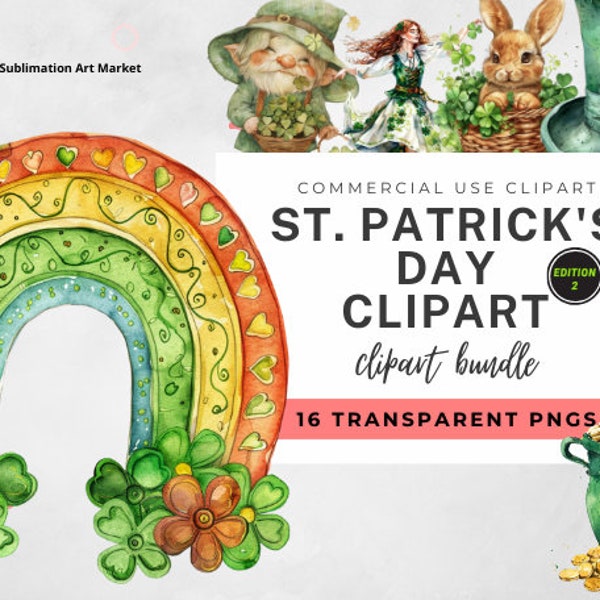 16 St. Patrick's Day Clipart Bundle Edition 2, Watercolor Irish Clipart, Shamrock Clipart, St. Patrick's Day Clipart Graphics Pack