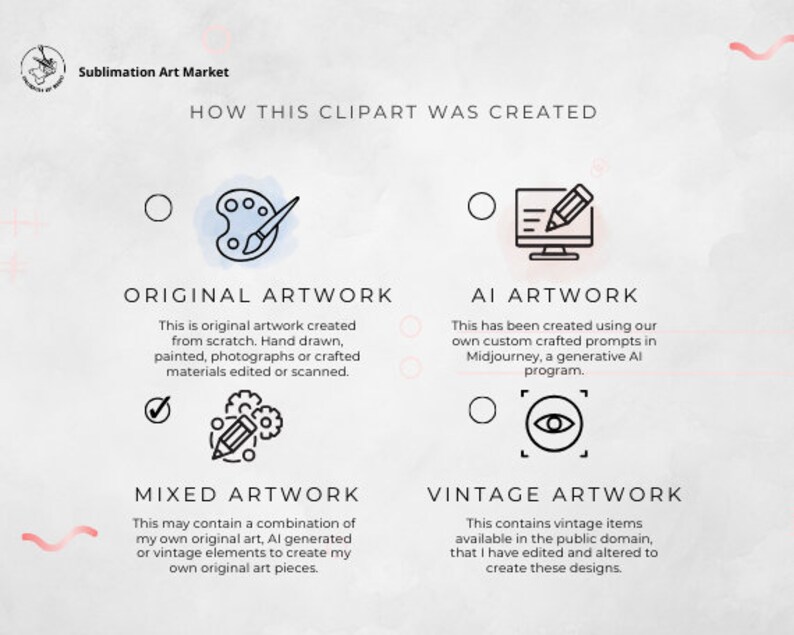 May include: A graphic explaining the different ways clipart is created. The options are: Original Artwork, AI Artwork, Mixed Artwork, and Vintage Artwork. Each option has a corresponding icon and a description of the process.
