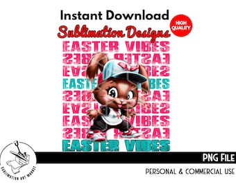 Easter Vibes Hip Hop Easter Bunny Pink and Blue Sublimation PNG - Instant Digital Download for DIY Crafts and Personalized Gifts