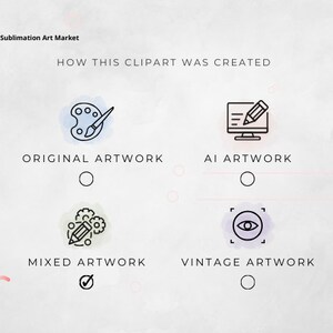May include: A graphic showing four options for how a clipart image was created. The options are: Original Artwork, AI Artwork, Mixed Artwork, and Vintage Artwork. A checkmark is next to Mixed Artwork.