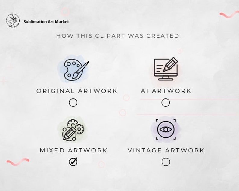 May include: A graphic showing four options for how a clipart image was created. The options are: Original Artwork, AI Artwork, Mixed Artwork, and Vintage Artwork. A checkmark is next to Mixed Artwork.