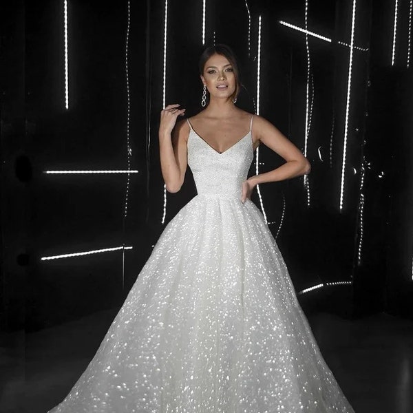 Dress, Custom Sparkling Thin Spaghetti Straps Wedding Dress V-Neck A-Line Glittering Bridal Gown Tulle Princess Evening Party Prom Half Back