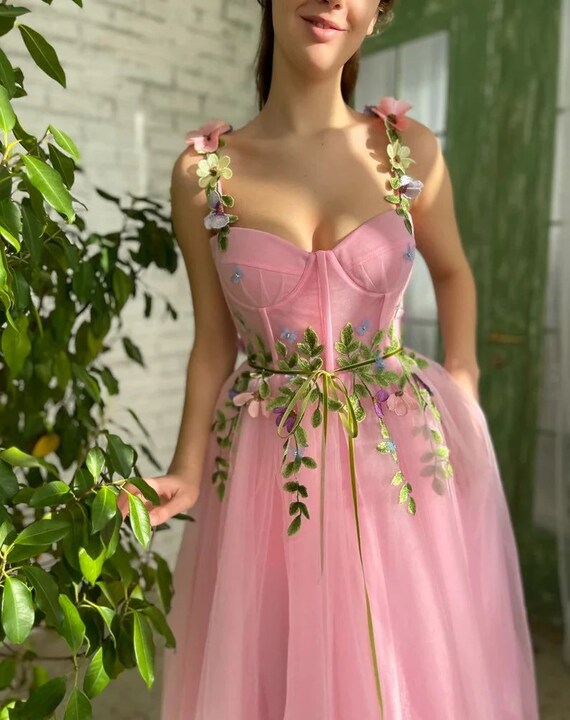 Light Pink Tea Length Formal Dress Mid Calf 3D Colourful - Etsy