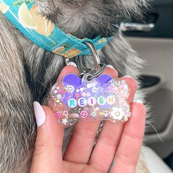 CUSTOM RAINBOW Beaded Resin Tag | Personalize Letter Bead Custom Dog Tag Design | Pet ID Tag Resin Beaded Rainbow Retro Handmade Epoxy Resin
