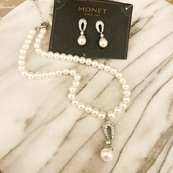 Monet Simulated Pearl Jewelry Set Necklace Dangle Drop Earrings Crystal Accent Estate Jewelry Bridal Wedding Bride Sophisticated Style