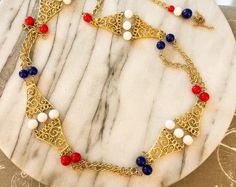 Vintage Filigree Beaded Necklace - Red White and Blue Round Acrylic Beads, Gold Toned Metal, 1970s Retro MCM Fashion Style, Unsigned