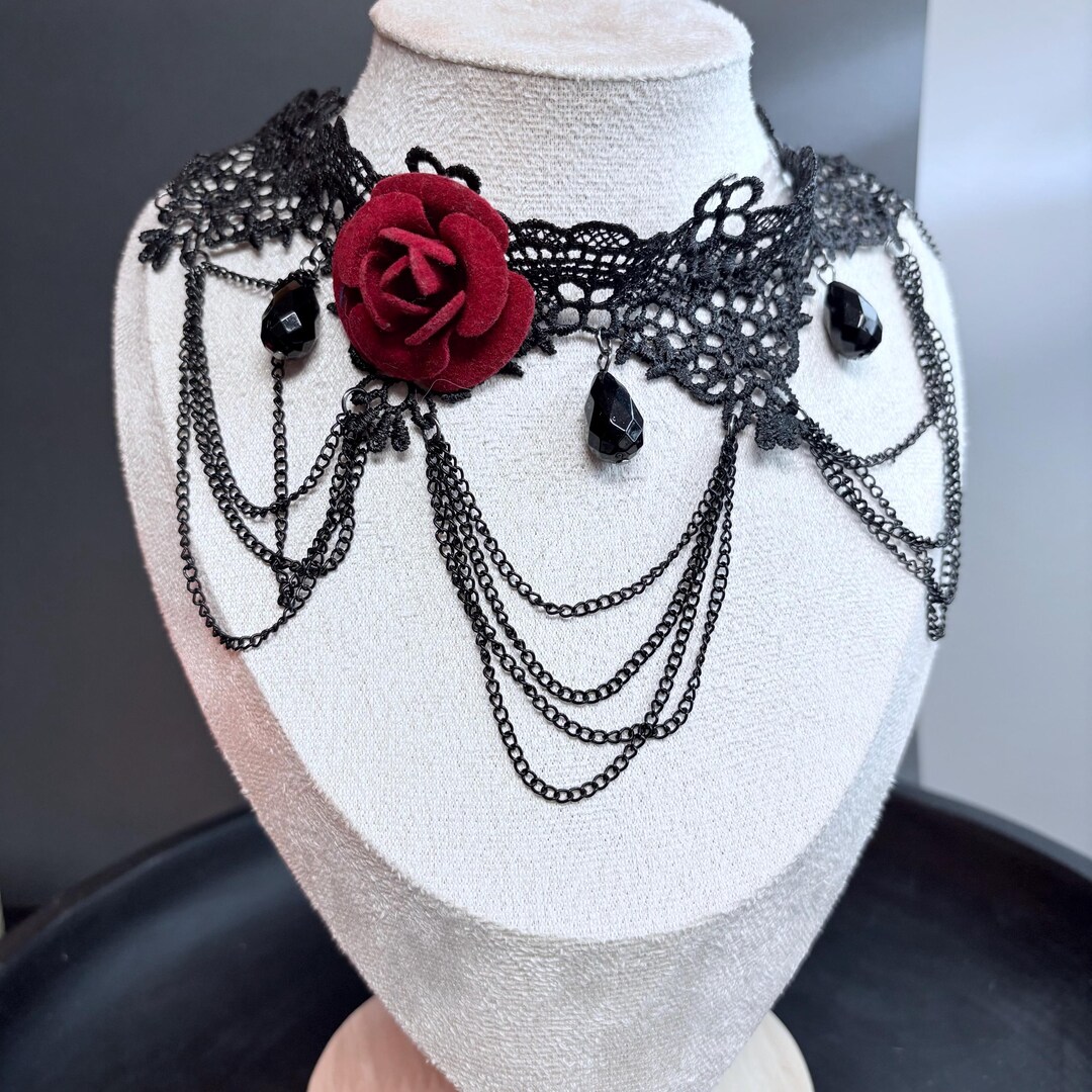 Black Lace Choker Necklace With Red Rose | Gothic Chain Draped Collar ...