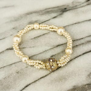 Vintage Faux Pearl Beaded Bracelet Ornate Gold Toned Magnetic Clasp Pave Accent