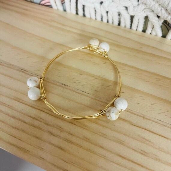 Gold Tone Beaded Bangle Bracelet, Stackable Minim… - image 4