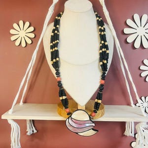 Lee Sands MOP Mother of Pearl Inlay Necklace Beaded Vintage Retro Boho