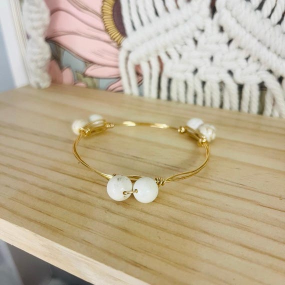 Gold Tone Beaded Bangle Bracelet, Stackable Minim… - image 2