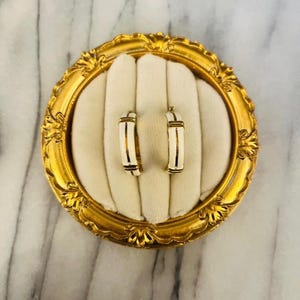 Vintage Enamel Hoop Earrings White with Gold Toned Metal Retro Preppy Glam