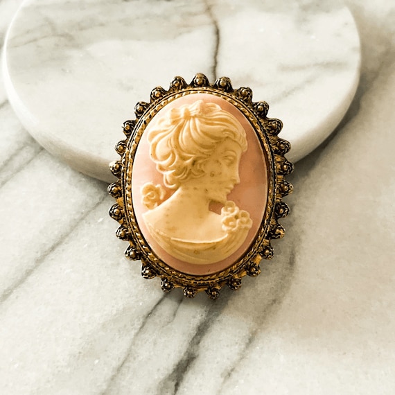 Vintage Graziano Cameo Brooch Pin Pendant - Pink,… - image 1