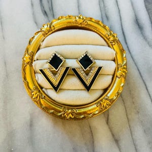 1980s Edgy Glam Earrings Gold Toned and Black Triangle Geometric Punk Rock