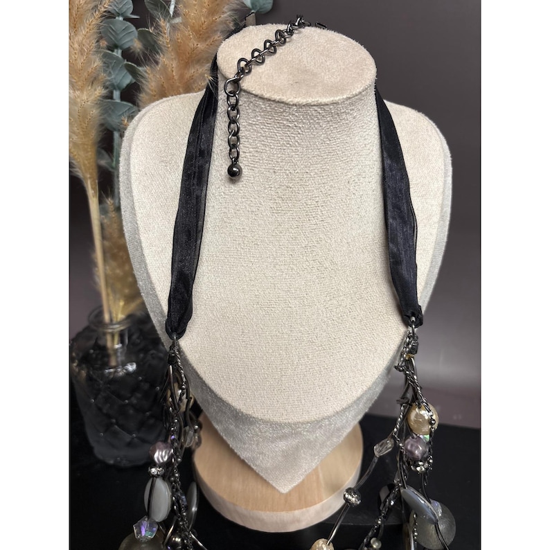 Chico's Layered Black Ribbon Statement Necklace | Gunmetal Beads + Faux ...