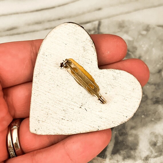 Vintage Ceramic Heart Pin Brooch Black White Gold… - image 3