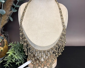 Vintage Brass Fringe Necklace | Ethnic Boho Bib Statement | Layered Chain