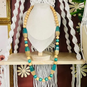 Vintage Chunky Wood Beaded Necklace Tan and Turquoise Colors Long Statement