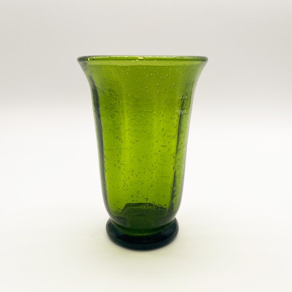 Vintage Green Seeded Bubble Art Glass Vase Hand Blown Tall Flower Vase MCM Midcentury