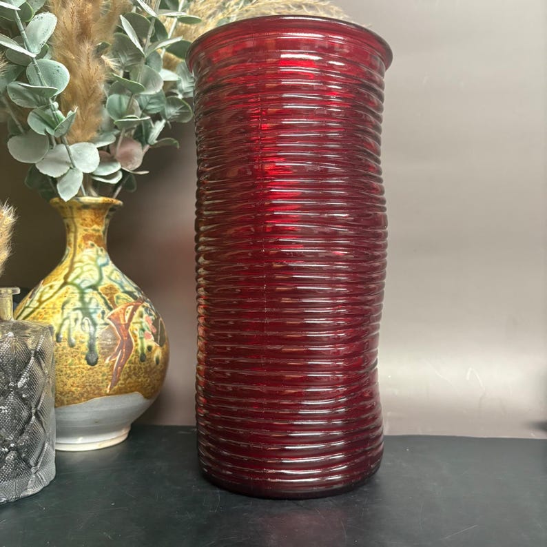 Red Ribbed Glass Vase | 10 Inch Cylinder | Vintage Style Home Decor ...