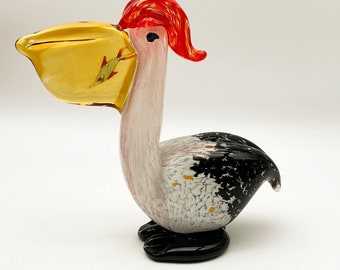 Art Glass Pelican Paperweight Figurine With Fish In Bill Mouth 7'in Multicolor