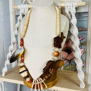 Vintage African Tribal Style Necklace Wood and Shell Beaded Multicolor Boho