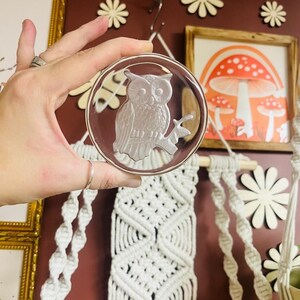 Vintage Owl Art Glass Paperweight Frosted Clear Round Polished Design Office