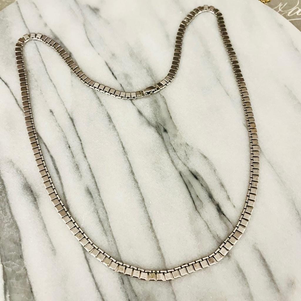 Vintage Signed Monet Box Chain Necklace Silver Toned Metal 25" Long MCM