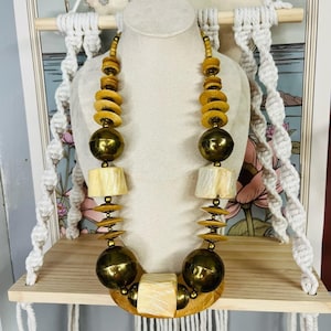 Vintage Bone Beaded Necklace, Chunky Statement Necklace, Eclectic Boho Jewelry, 1970s Hippie Style, Brass Beads