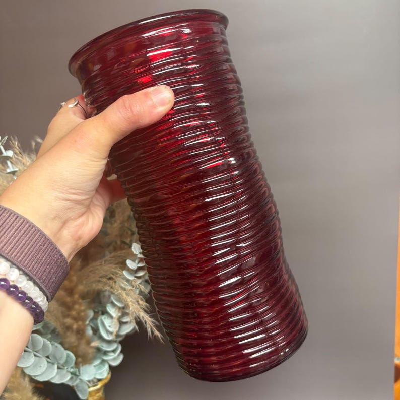 Red Ribbed Glass Vase | 10 Inch Cylinder | Vintage Style Home Decor ...