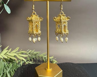 Pagoda Lantern Earrings | Gold Filigree Dangle | Vintage Asian Boho