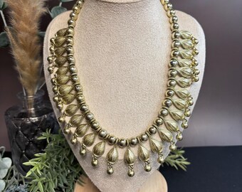 Vintage Brass Statement Necklace | Boho Fringe Bib Jewelry | Tribal Collar