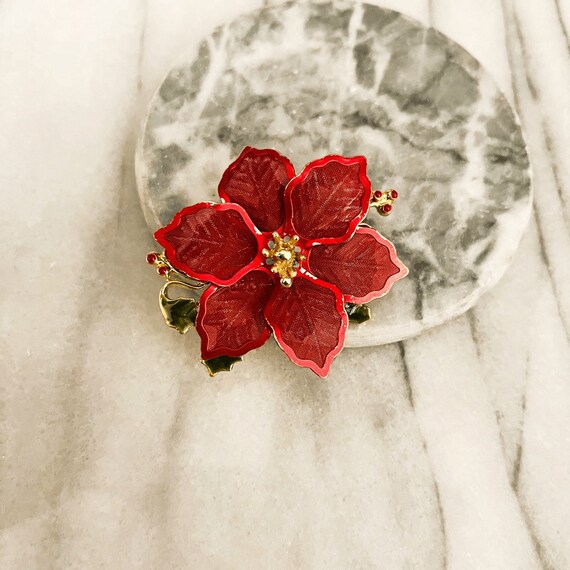 Kenneth Cole Poinsettia Brooch Mesh Metal Red Gre… - image 1