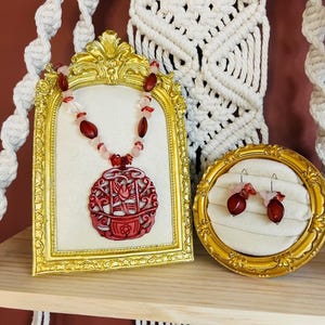 Asian Inspired Jewelry Set Pendant Necklace and Dangle Drop Earrings Pink Red