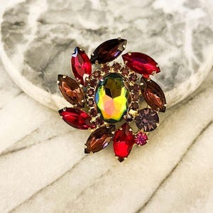 Vintage Juliana watermeloen kristallen broche rood paars gouden pin 2248