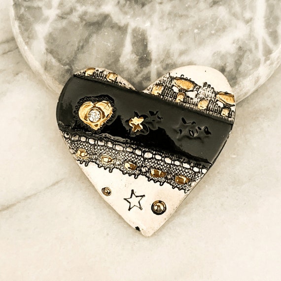 Vintage Ceramic Heart Pin Brooch Black White Gold… - image 1