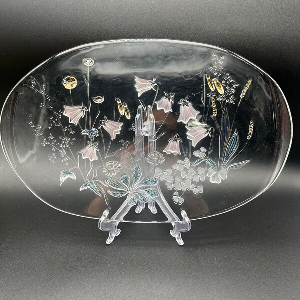 Vintage Savoir Vivre Cinderella Design Crystal Tray Oval Multicolor Applied Flowers Clear West Germany Serving Dining Decor