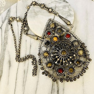 1970s Vintage Pendant Necklace, Large Statement Teardrop Gemstone Accent Silver Toned Boho Jewelry, Retro Hippie Style