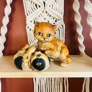 Vintage UCTCI Japan Cat Figurine Two Kittens Playing Ceramic Brown Tones Signed
