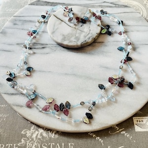 Boho Art Glass Beaded Necklace, Iridescent Purple Blue Leaf Leaves Jewelry, Fairycore Style