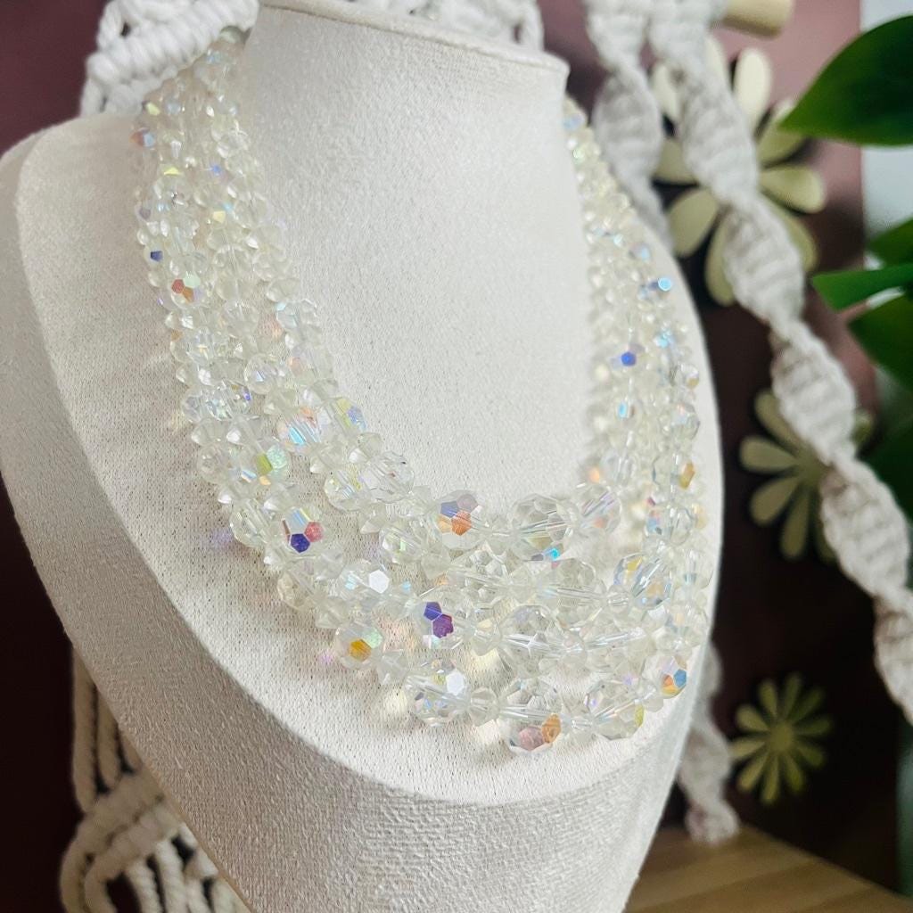 ★VINTAGE HOLLYWOOD★ Galaxy Ball Beads Necklace Vintage AB Crystal Beaded Necklace Layered Old Hollywood
